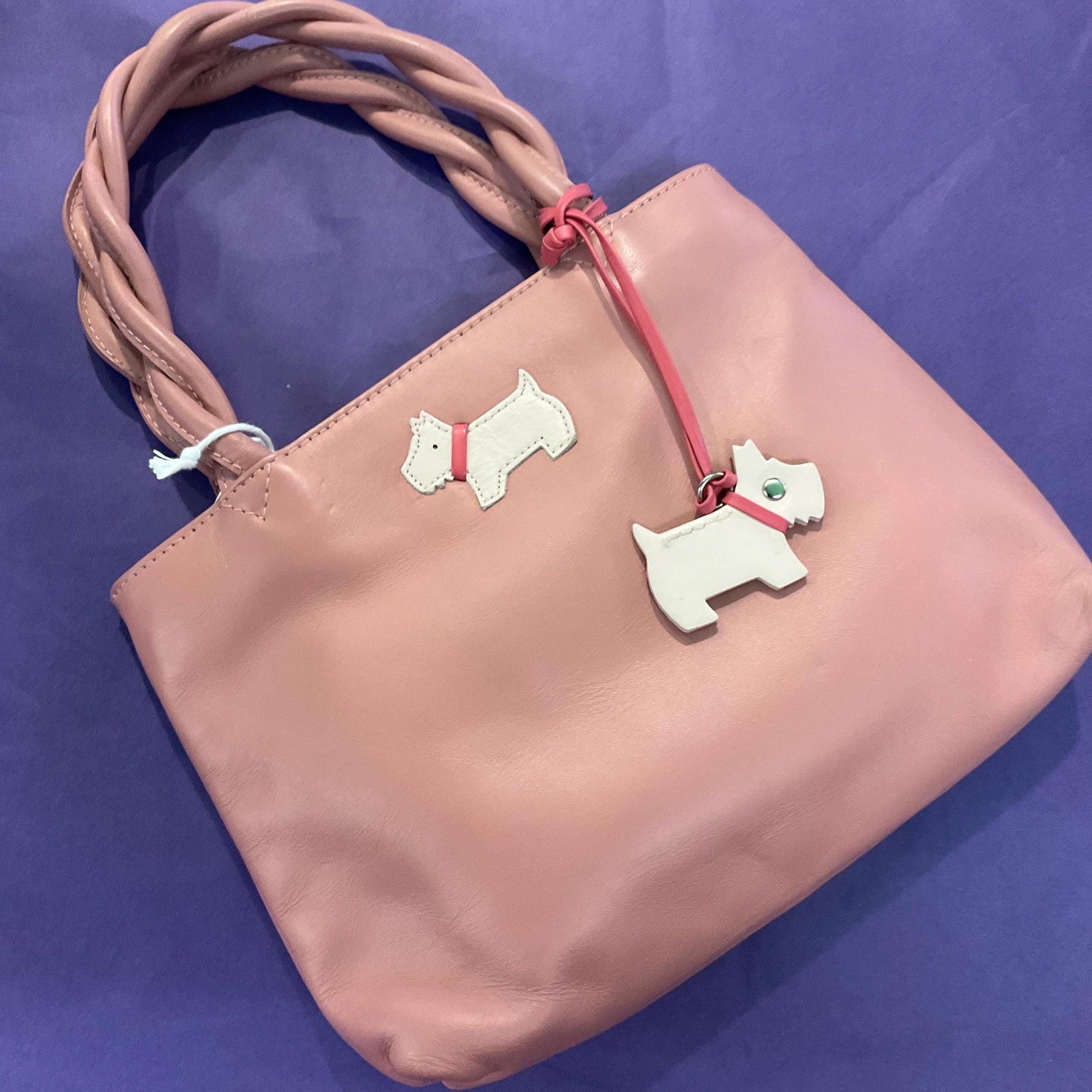 Vintage Radley Mini Dusty Pink Leather Handbag, Scottie Dog Appliqué and Twisted Handles, As new with Original Dust Bag