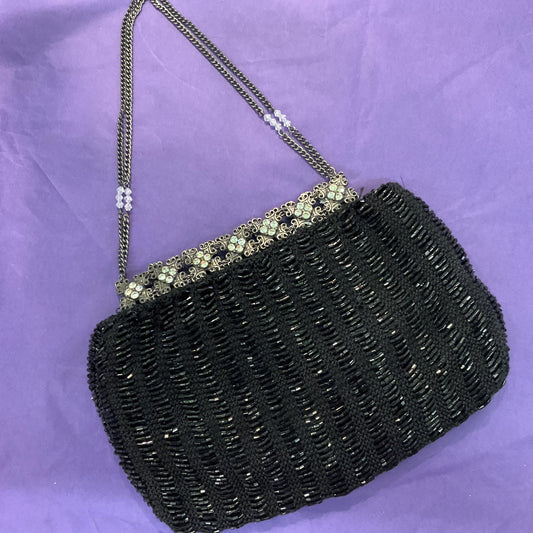 Vintage Etnika Bohemian Black and Silver Beaded Evening Bag, Formal Event, Wedding, Prom, Festival