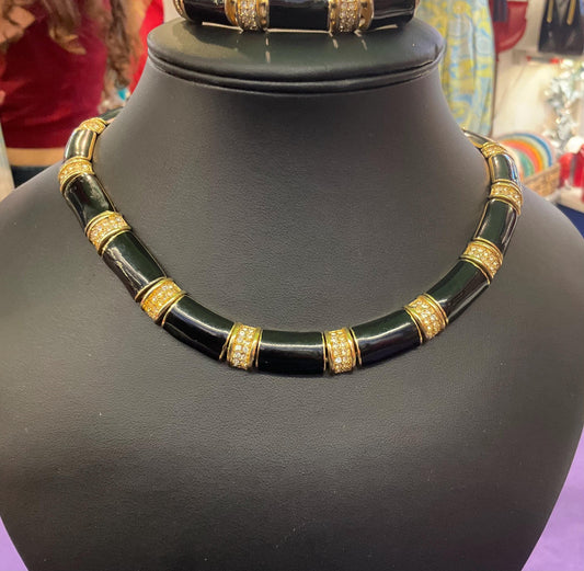 Vintage 1980s Black Enamel and silver crystal Panel Necklace and Bracelet Set, Gold tone metal Dynasty, Formal Event