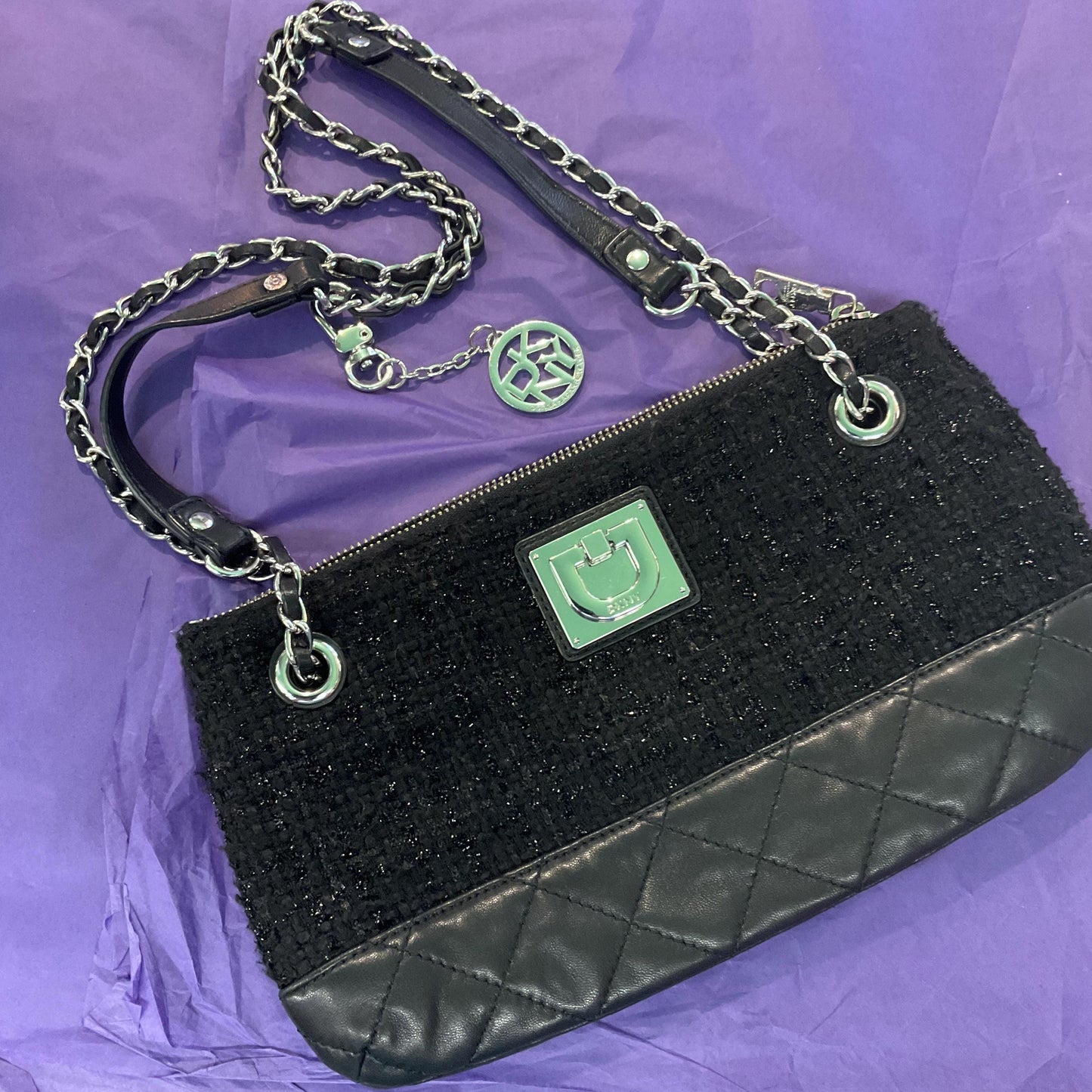 Vintage DNKY Black Glitter Boucle & Quilted Leather Shoulder Bag, Chanel Style, Silver tone Chain and leather Straps