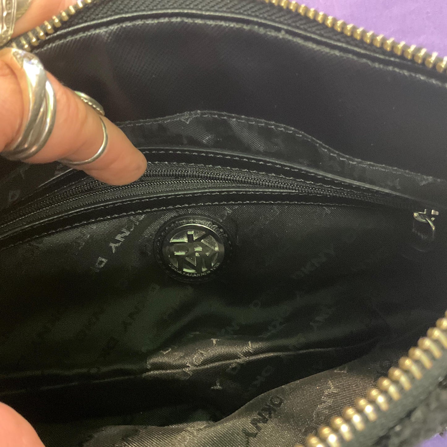 Vintage DNKY Black Glitter Boucle & Quilted Leather Shoulder Bag, Chanel Style, Silver tone Chain and leather Straps