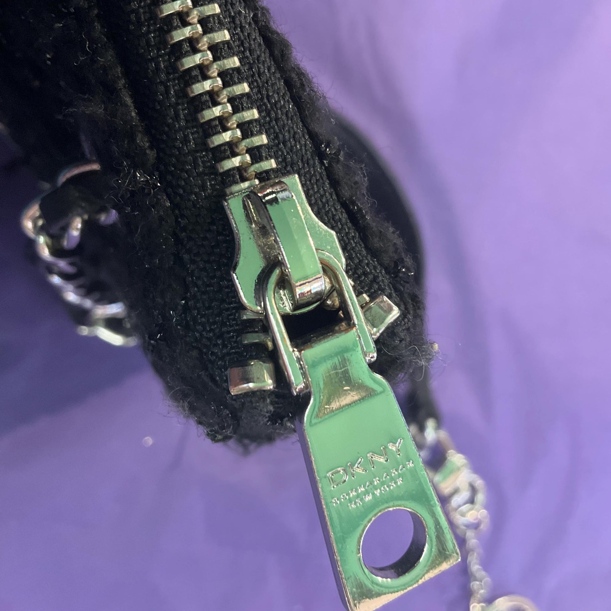 Vintage DNKY Black Glitter Boucle & Quilted Leather Shoulder Bag, Chanel Style, Silver tone Chain and leather Straps