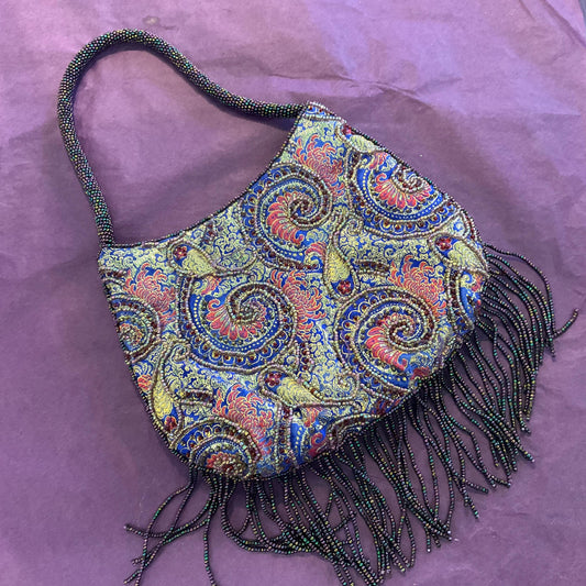 Vintage Bohemian Purple Paisley Beaded Fringed Evening Bag, Mettalic gold brocade with peacock Borealis Beads