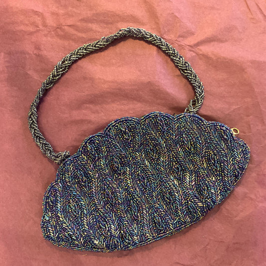 Vintage 1970s/80s Electric Blue Borealis Shell Shaped Beaded Evening Bag, Peacock Borealis lustre Beads, Wedding, festival