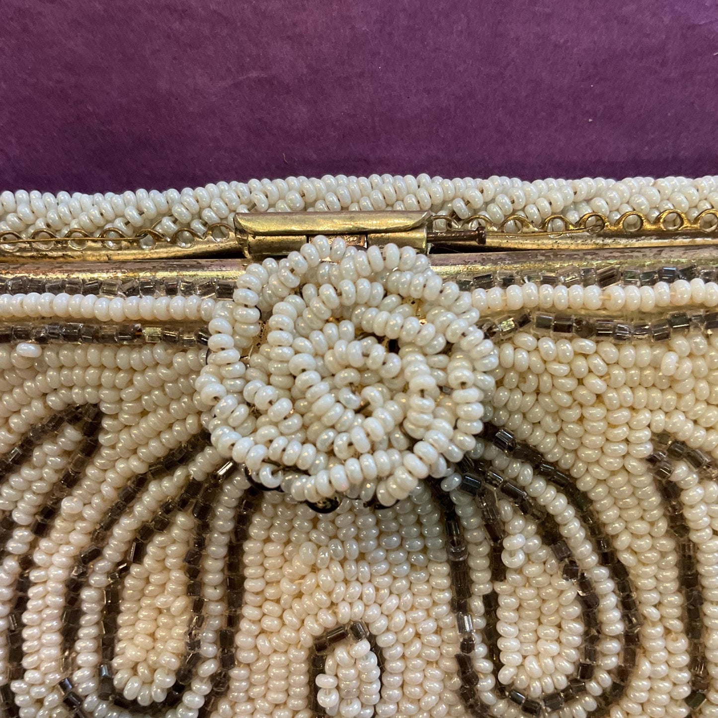 Vintage 1950s Harrods Art Deco Style French Beaded Evening Bag, Ivory and gunmetal Floral Beading, Exquisite
