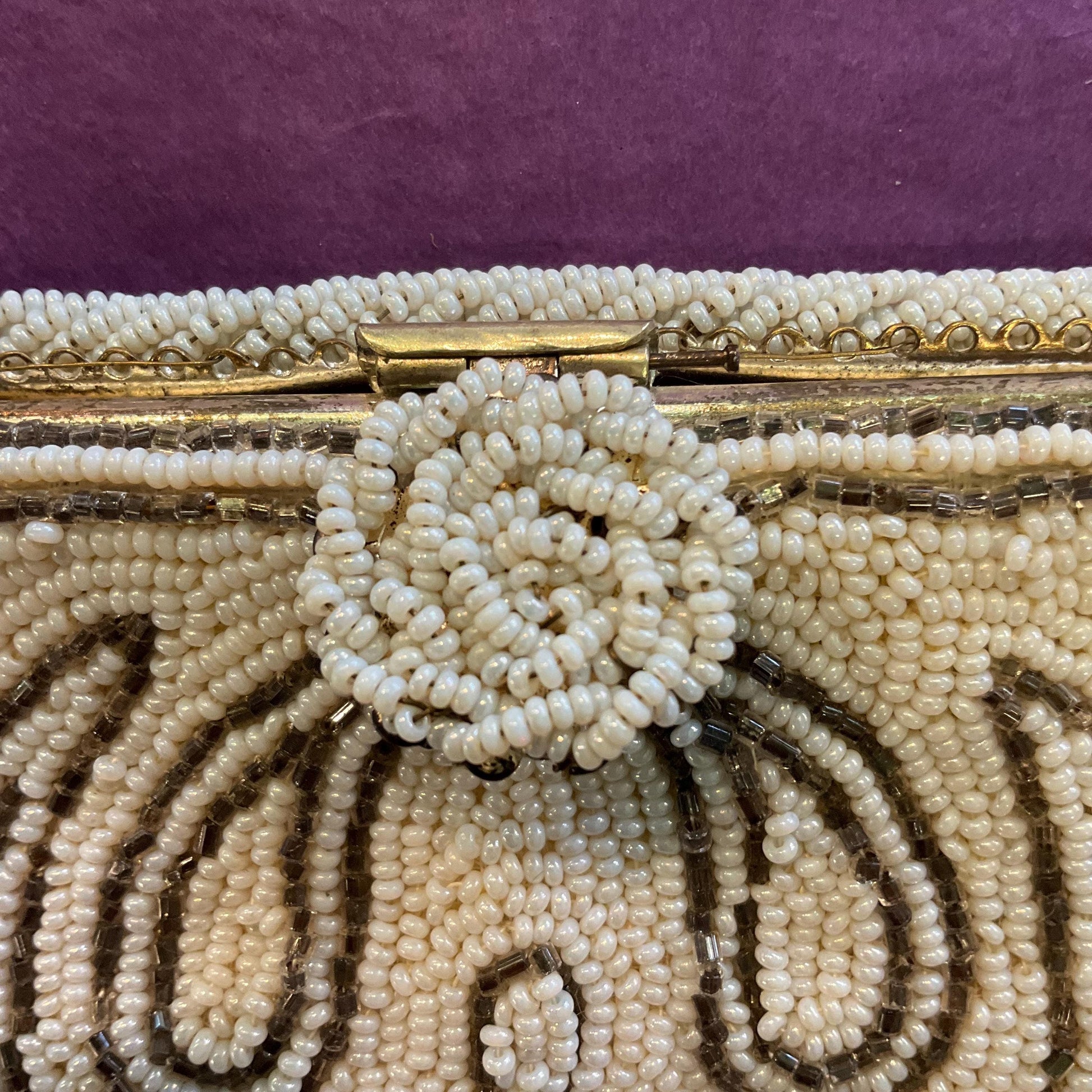 Vintage 1950s Harrods Art Deco Style French Beaded Evening Bag, Ivory and gunmetal Floral Beading, Exquisite