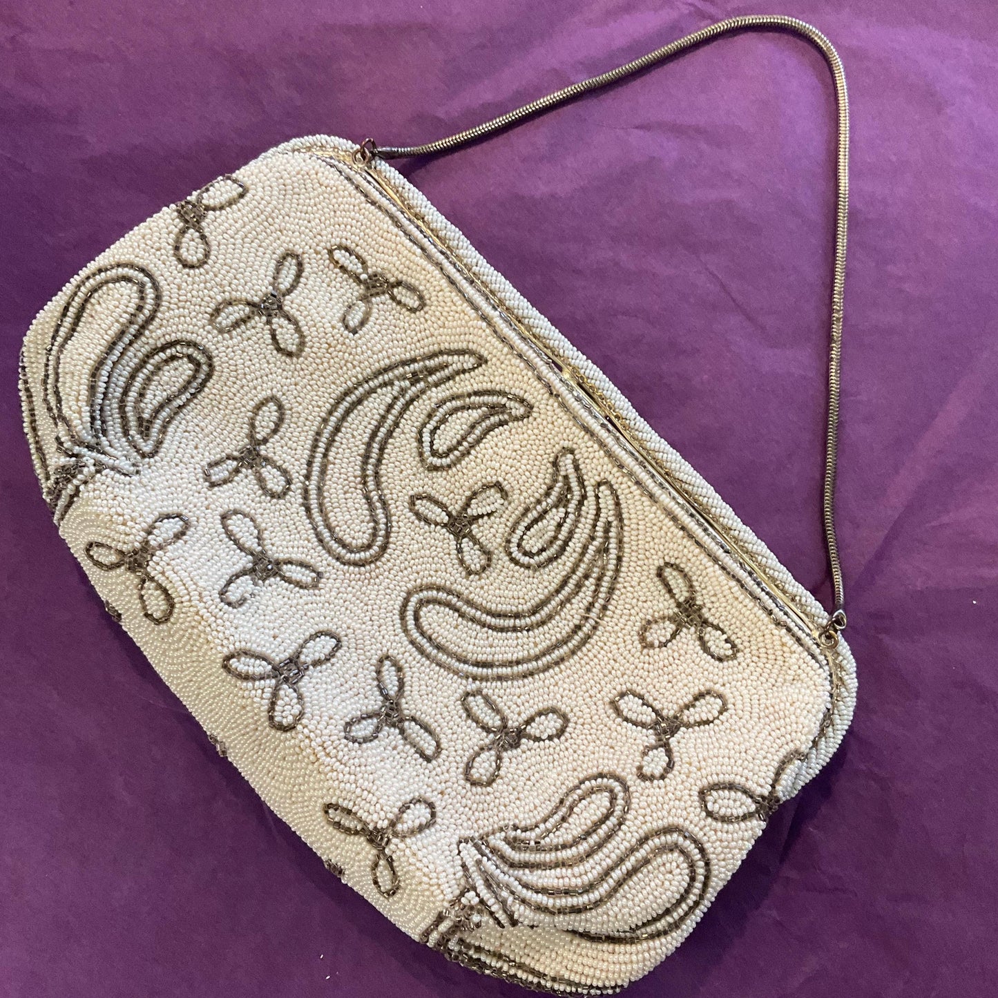 Vintage 1950s Harrods Art Deco Style French Beaded Evening Bag, Ivory and gunmetal Floral Beading, Exquisite