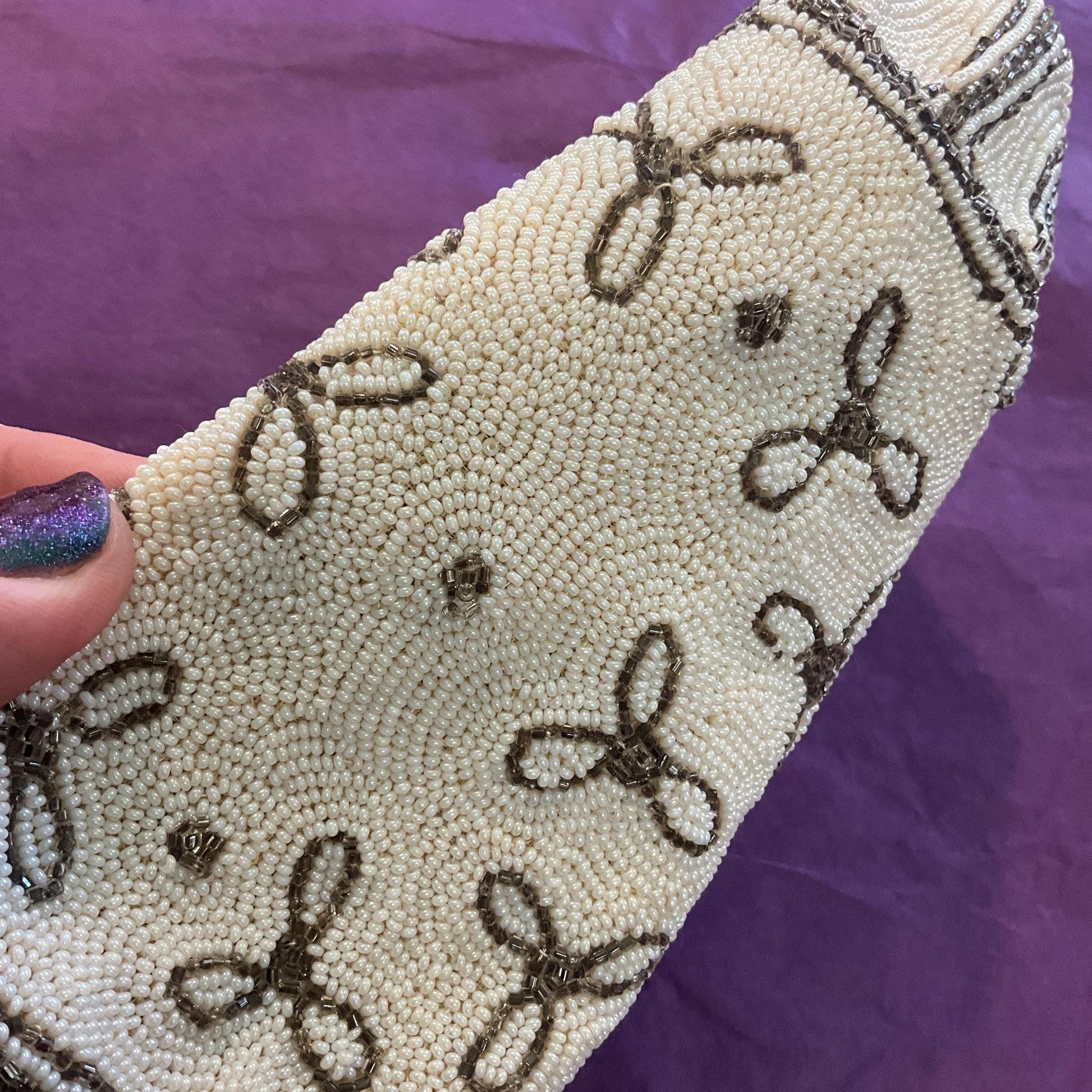 Vintage 1950s Harrods Art Deco Style French Beaded Evening Bag, Ivory and gunmetal Floral Beading, Exquisite