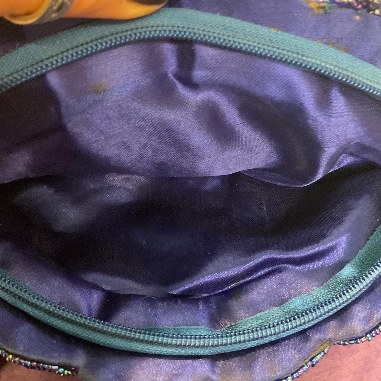 Vintage 1970s/80s Electric Blue Borealis Shell Shaped Beaded Evening Bag, Peacock Borealis lustre Beads, Wedding, festival