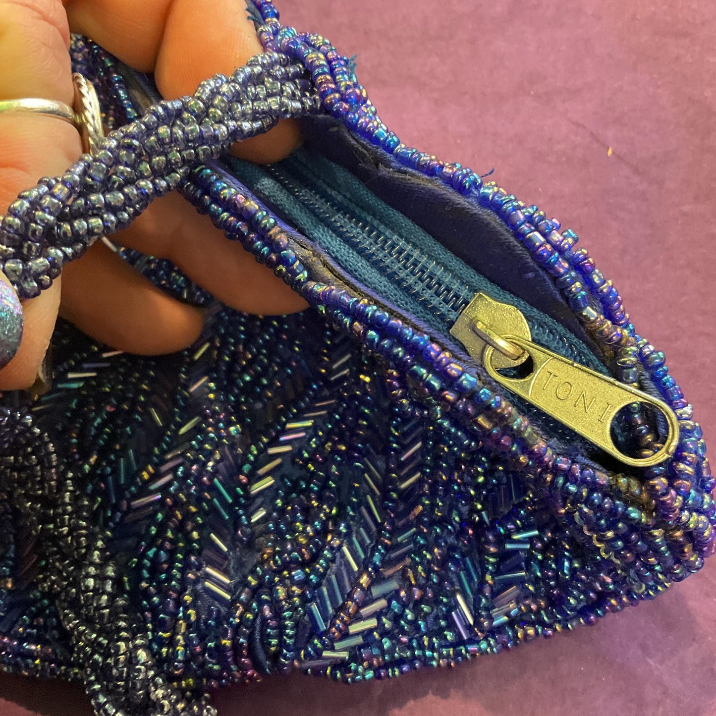 Vintage 1970s/80s Electric Blue Borealis Shell Shaped Beaded Evening Bag, Peacock Borealis lustre Beads, Wedding, festival