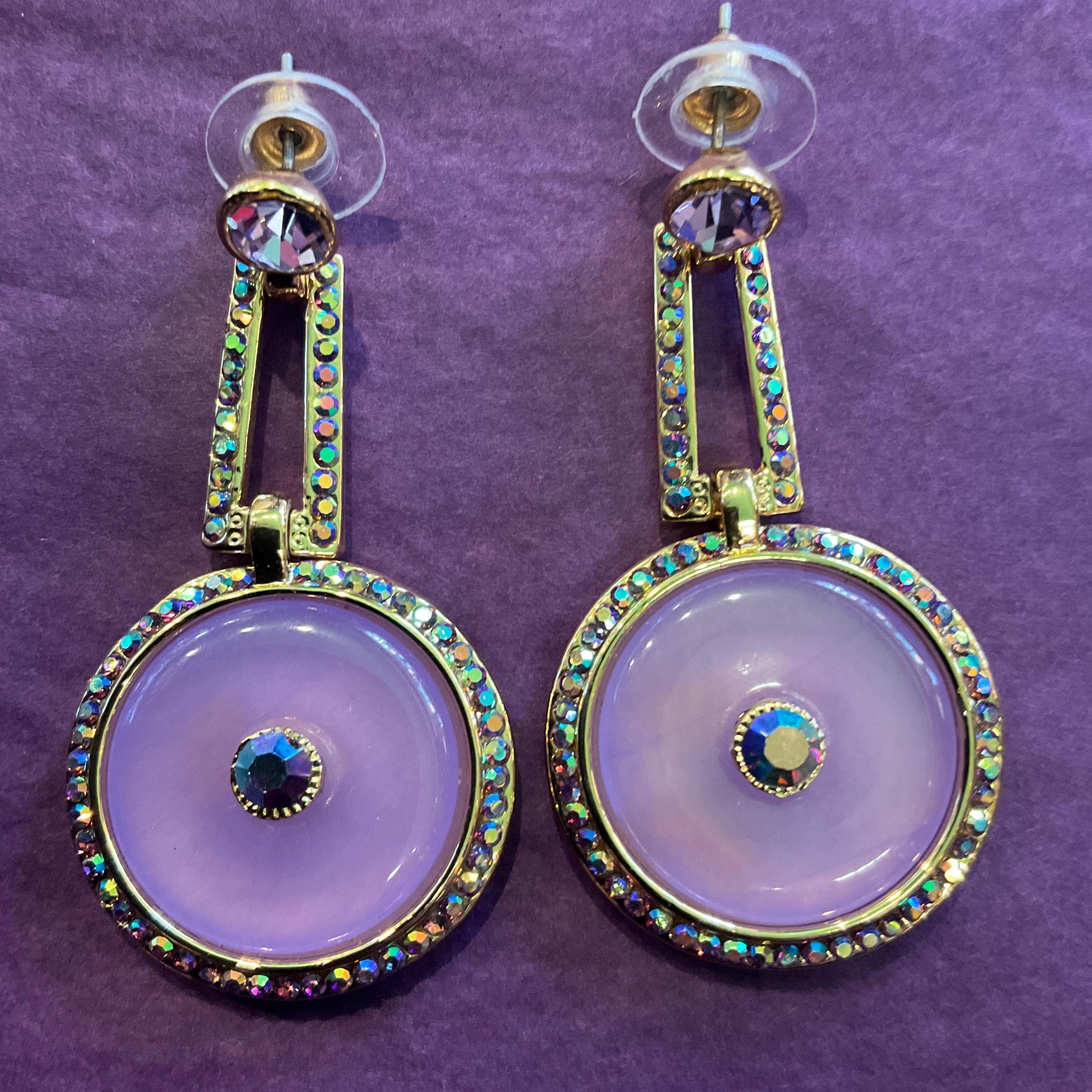 Vintage Butler and Wilson Art Deco Style Long Drop Earrings , Gold tone with Purple donut and Borealis crystals, signed in original box