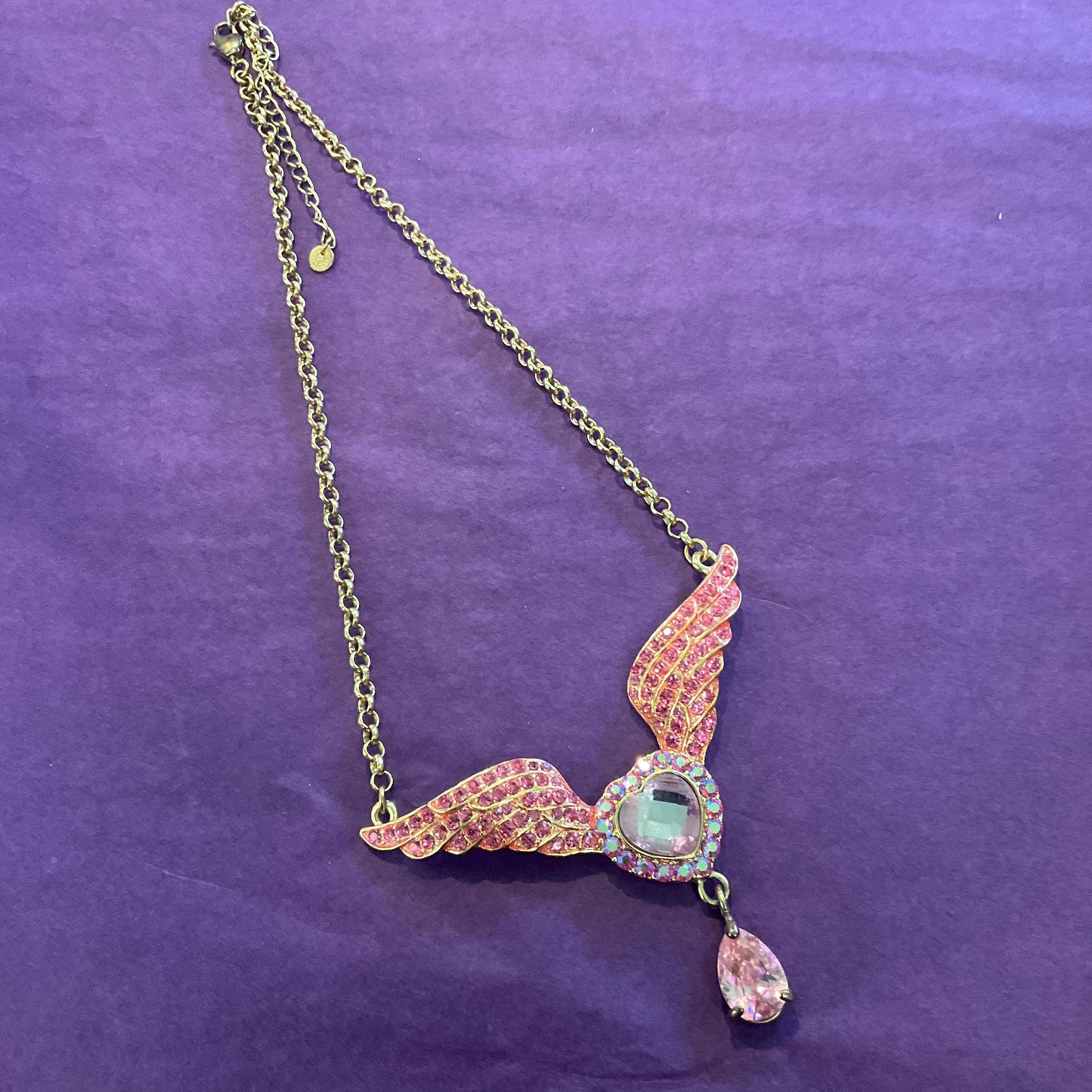 Vintage Butler and Wilson Pink Crystal Angel Wing with Heart Statement necklace, Gold Tone with pink Borealis crystals, prom, wedding