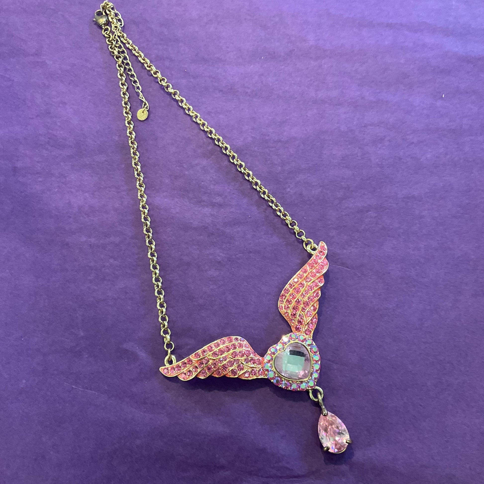 Vintage Butler and Wilson Pink Crystal Angel Wing with Heart Statement necklace, Gold Tone with pink Borealis crystals, prom, wedding