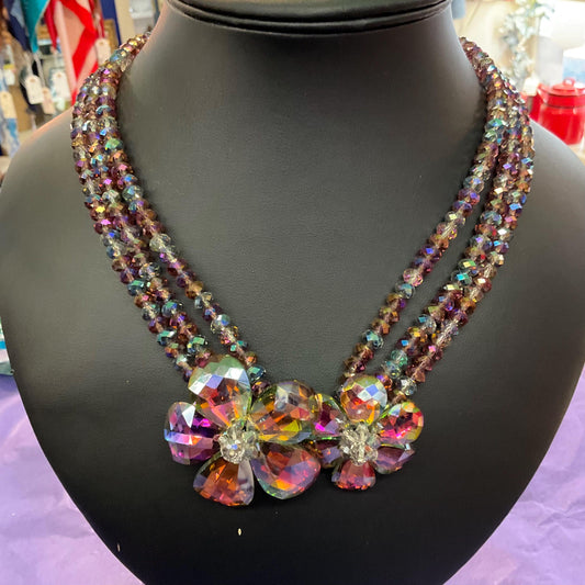 Vintage Butler and Wilson Triple Strand Borealis Crystal Floral Necklace Bohemian Rainbow Colours, Signed in Original Box, Festival