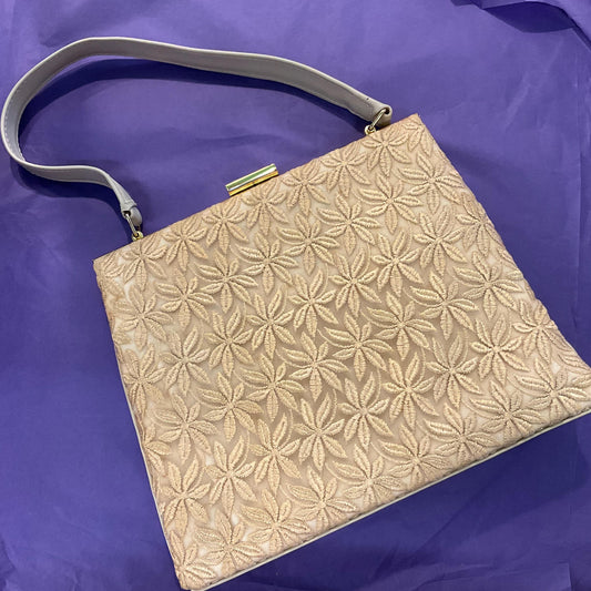 Vintage 1960s Pale Gold/ Beige Floral Lace and Faux Leather Large Handbag, Wedding outfit, Prom, Formal Event