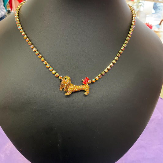 Vintage Butler and Wilson Gold Borealis Dashund, Sausage Dog Necklace, Gold tone with Rainbow Crystals, Dog lover gift