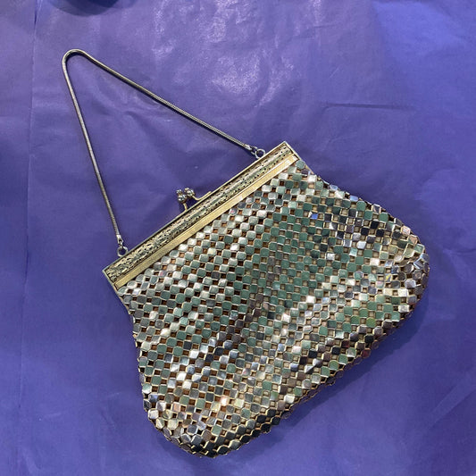Vintage 1950s/60s Gold Metallic Diamond Chain Mail Evening Bag, satin body with metallic overlay, vintage wedding, formal event