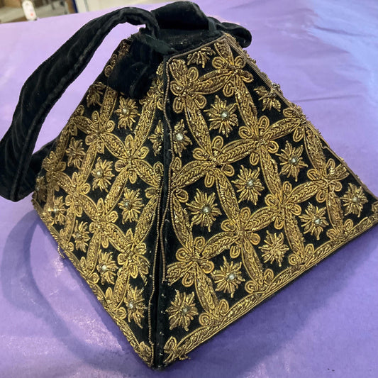 Antique Indian Zardosi Gold Wirework Embroidered Black Velver Pyramid Shaped Evening Bag, Rare, Formal Event, Early 20th Century