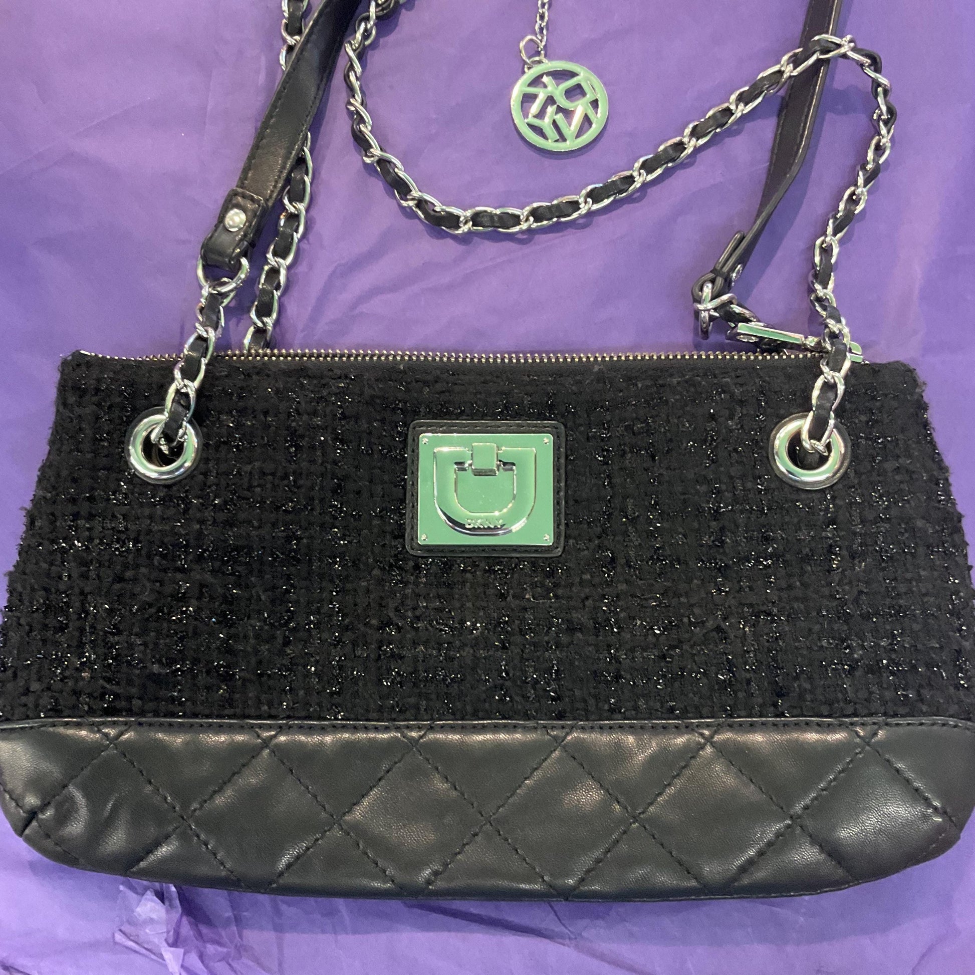 Vintage DNKY Black Glitter Boucle & Quilted Leather Shoulder Bag, Chanel Style, Silver tone Chain and leather Straps