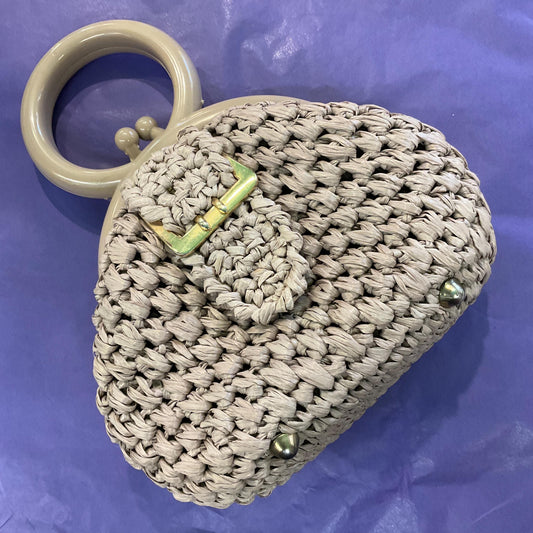 Vintage 1960s Italian RUEBELLA Beige Rafia Handbag, Faux Buckle Detail and Statement Circular Handle