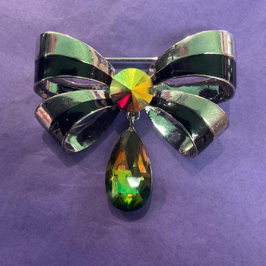 Vintage Butler and Wilson Silver & Black Crystal Bow Brooch, Enamel and Green Aurora Crystals, Friendship Gift