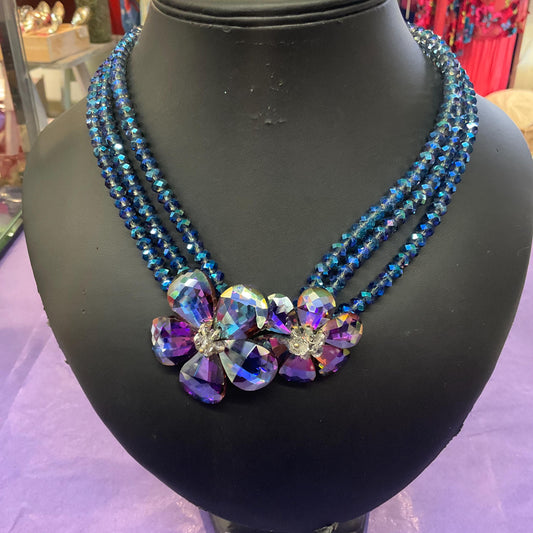 Vintage Butler and Wilson Blue Floral Beaded Crystal Necklace, Peacock Blue Aurora Borealis Rainbow Crystals, Formal Event