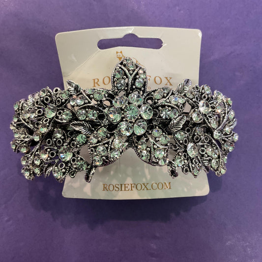 Vintage Art Deco Style Silver Crystal Rose Barette Hair Clip by Rosie Fox, Bridal and Wedding, Formal Event