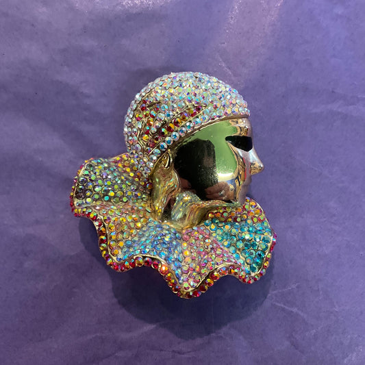 Vintage Butler and Wilson Art Deco Style Crystal Pierrot Brooch, Gold Tone with Borealis Rainbow Crystals, Signed in Original Box