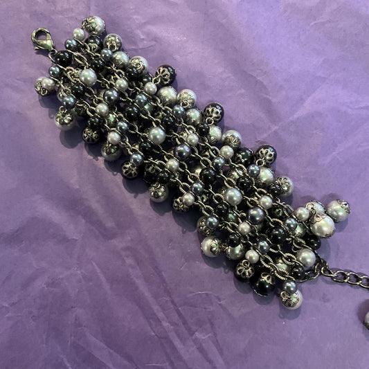 Vintage Butler and Wilson Faux Pearl Statement Chain Bracelet, Filigree Set Black, Silver and Pewter Pearls, Signed in Original Box