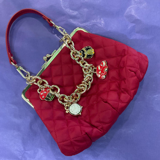 Vintage Italian Red Satin Quilted handbag with crystal set charms by Braccialini , chunky gold chain and patent leather strap
