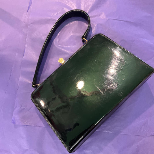 Vintage 1950s/60s Black Patent Leather Handbag, Made in England , Glossy black Leather with Gold Tone Frame