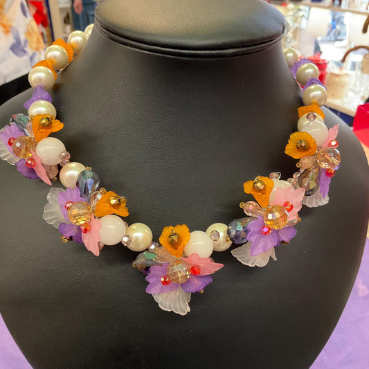 Vintage Butler and Wilson Statement Floral Garland Crystal and Faux Pearl Necklace, Pastel flowers and Borealis Crystal Beads, Signed as new