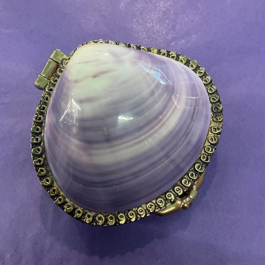 Vintage Large Clam Shell Trinket Box, purple striped shell with gold tone metal, Jewellery Box, Pill Box