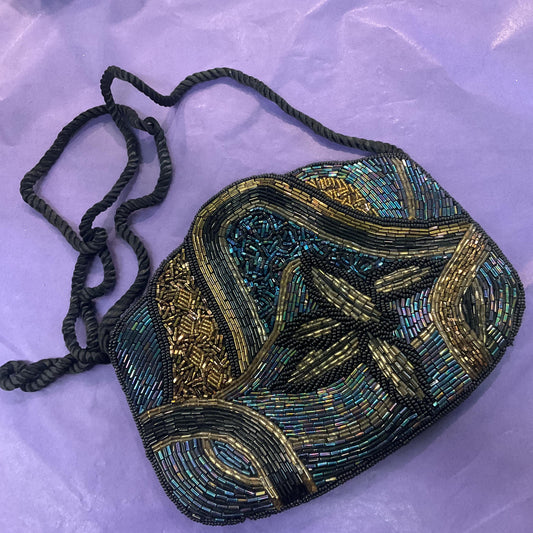 Vintage 1970s/80s Disco Diva Borealis Beaded Floral Evening Bag, Shoulder or Clutch Bag , Rainbow Peacock Beading, Formal Event