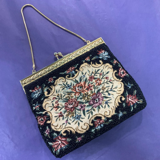 Vintage 1940s/50s Floral Tapestry Beaded Evening Bag , Gold tone Ornate frame with Glossy Black Seed Beads