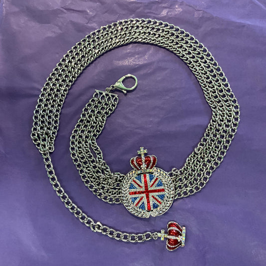 Vintage Butler and Wilson Silver Statement Crystal Union Jack Medallion Chain Belt, 40th Anniversary Edition, Rare, original box