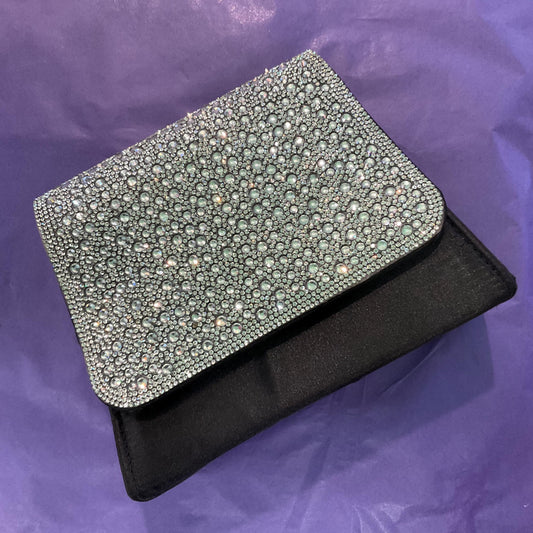 Vintage Quiz Black Satin and Silver Crystal Boxy Evening Bag, Clutch or Shoulder Chain Strap, Formal Event