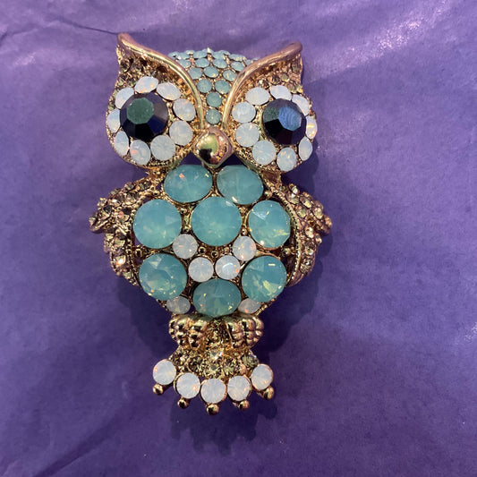 Vintage Butler and Wilson Large Crystal Owl Brooch, Gold Tone with opalescent turquoise and ivory crystals, Owl lover Gift, Signed