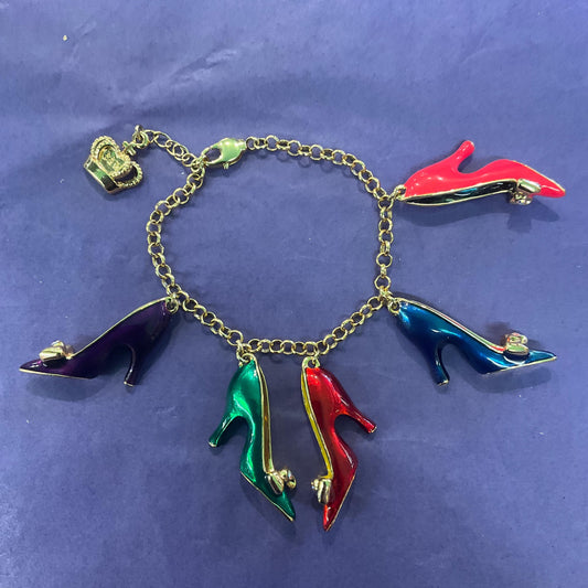 Vintage Butler and Wilson Disney Princess Charm Bracelet, Gold Tone with Multicoloured Lustre Enamel and Crystal, Shoe lover Gift