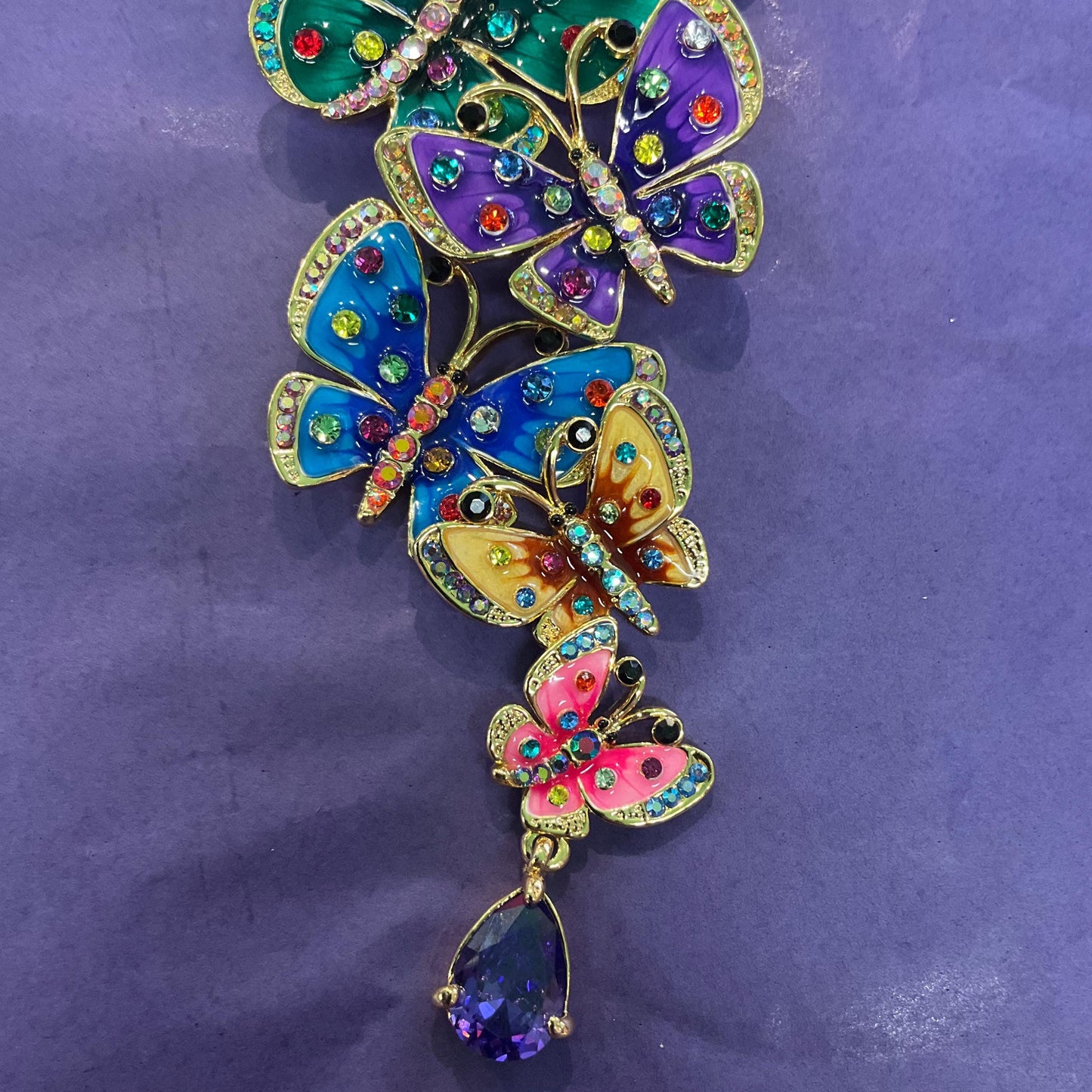 Vintage Butler and Wilson Large Rainbow Butterflies Brooch , Gold tone with multicoloured enamel and crystals, signed in original box