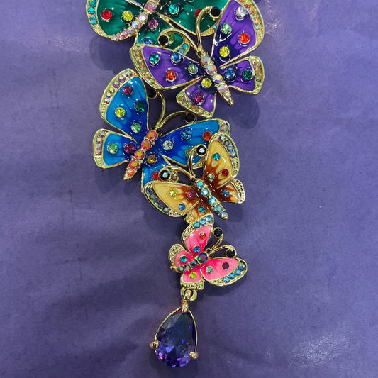 Vintage Butler and Wilson Large Rainbow Butterflies Brooch , Gold tone with multicoloured enamel and crystals, signed in original box