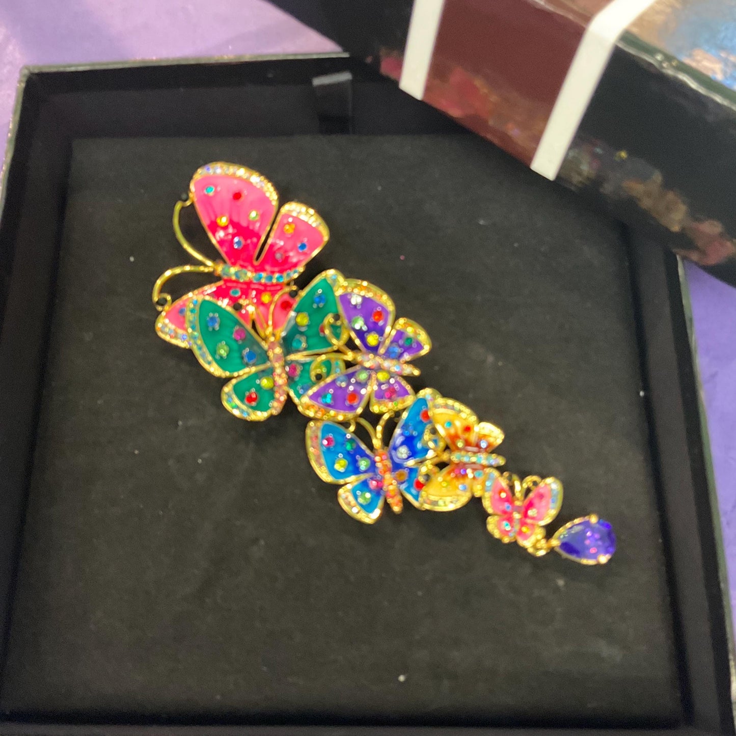 Vintage Butler and Wilson Large Rainbow Butterflies Brooch , Gold tone with multicoloured enamel and crystals, signed in original box