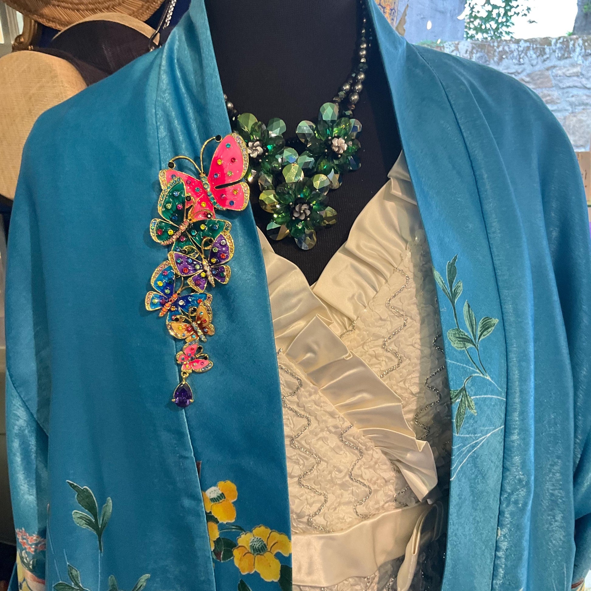 Vintage Butler and Wilson Large Rainbow Butterflies Brooch , Gold tone with multicoloured enamel and crystals, signed in original box