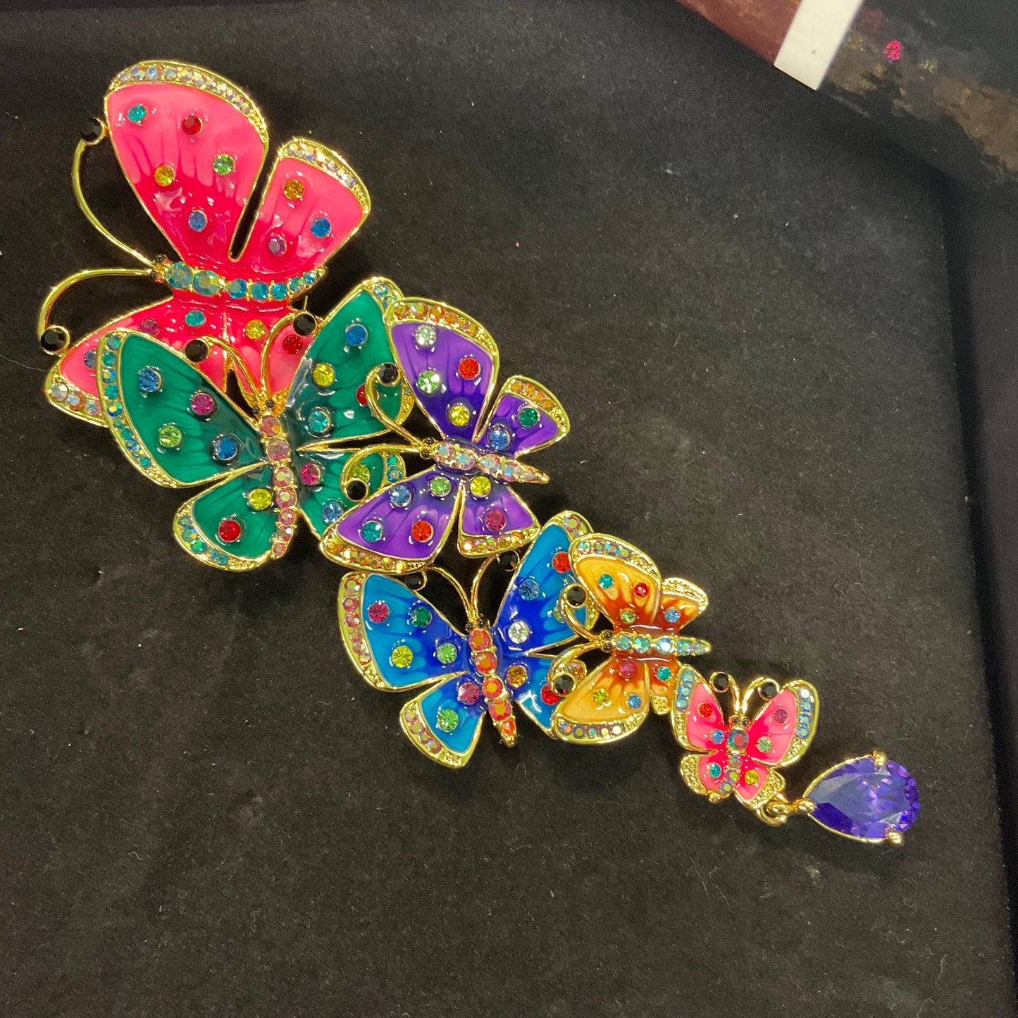 Vintage Butler and Wilson Large Rainbow Butterflies Brooch , Gold tone with multicoloured enamel and crystals, signed in original box