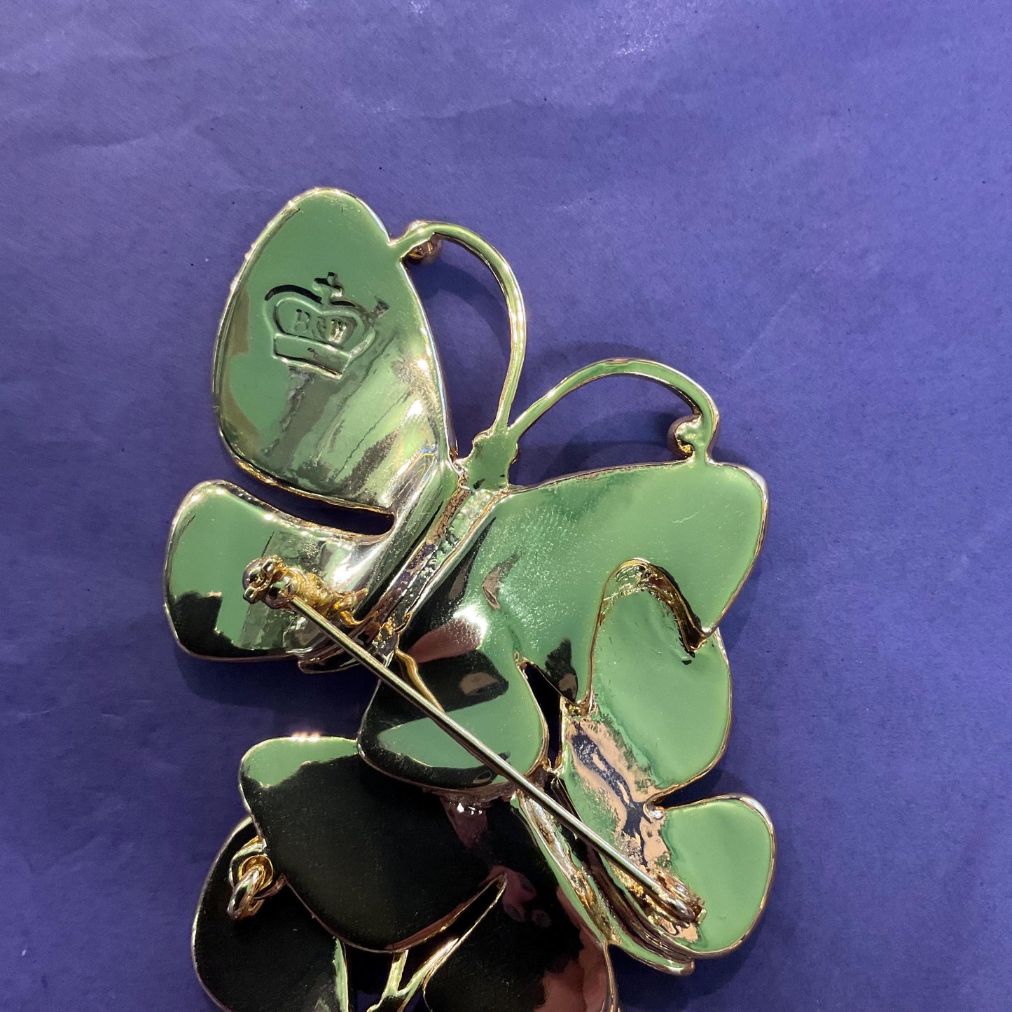 Vintage Butler and Wilson Large Rainbow Butterflies Brooch , Gold tone with multicoloured enamel and crystals, signed in original box