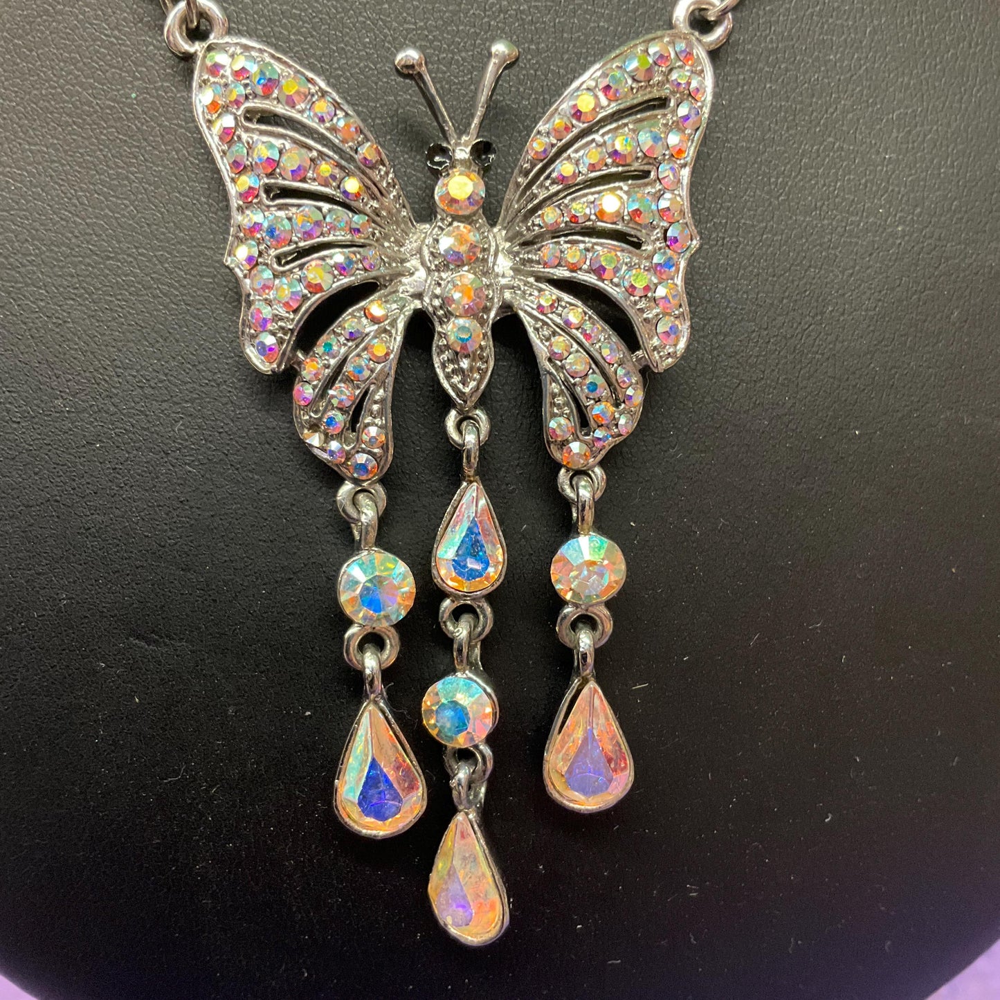 Vintage Butler and Wilson Rainbow Crystal Butterfly Drop Pendant,Silver tone with Aurora Borealis Crystals, Signed as new