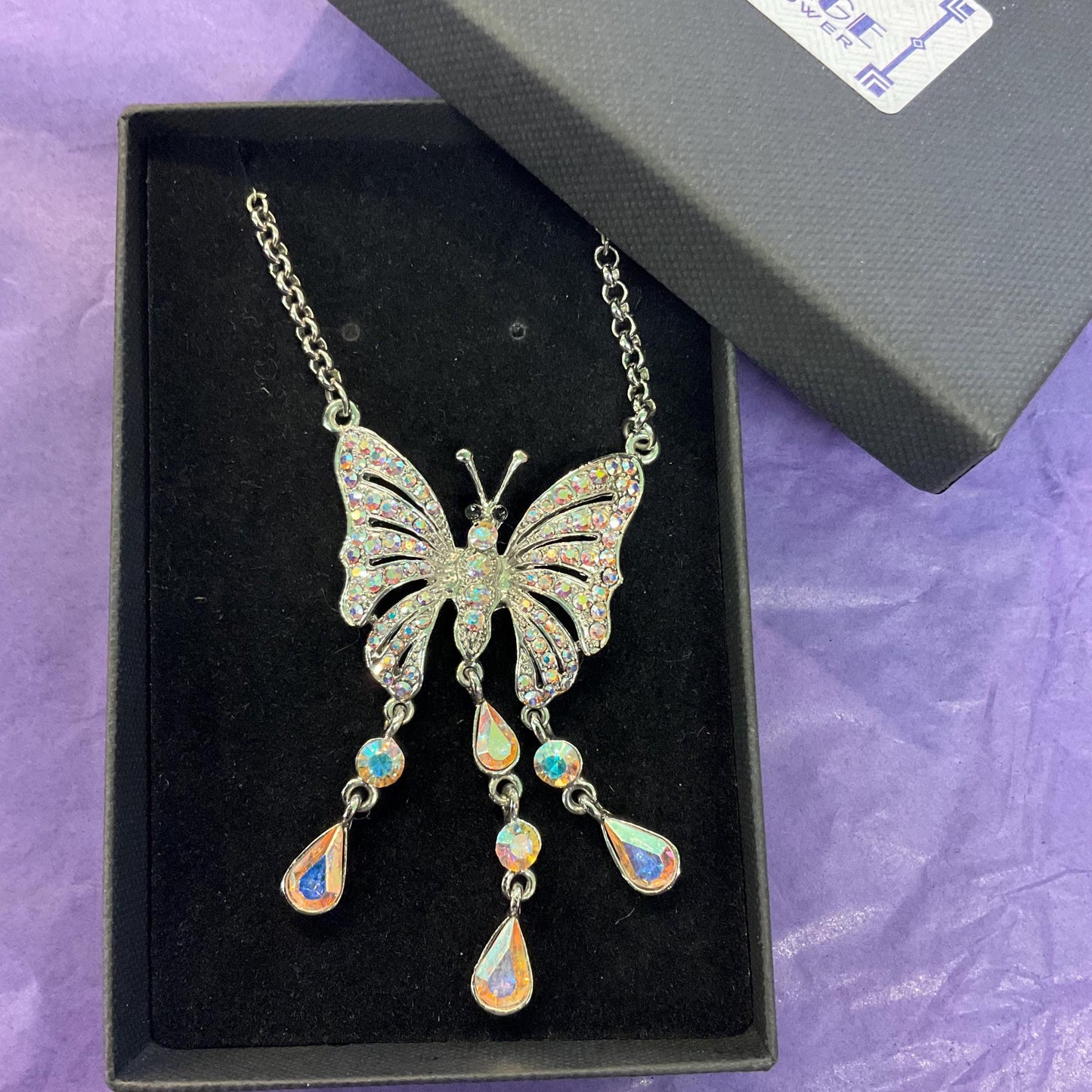 Vintage Butler and Wilson Rainbow Crystal Butterfly Drop Pendant,Silver tone with Aurora Borealis Crystals, Signed as new