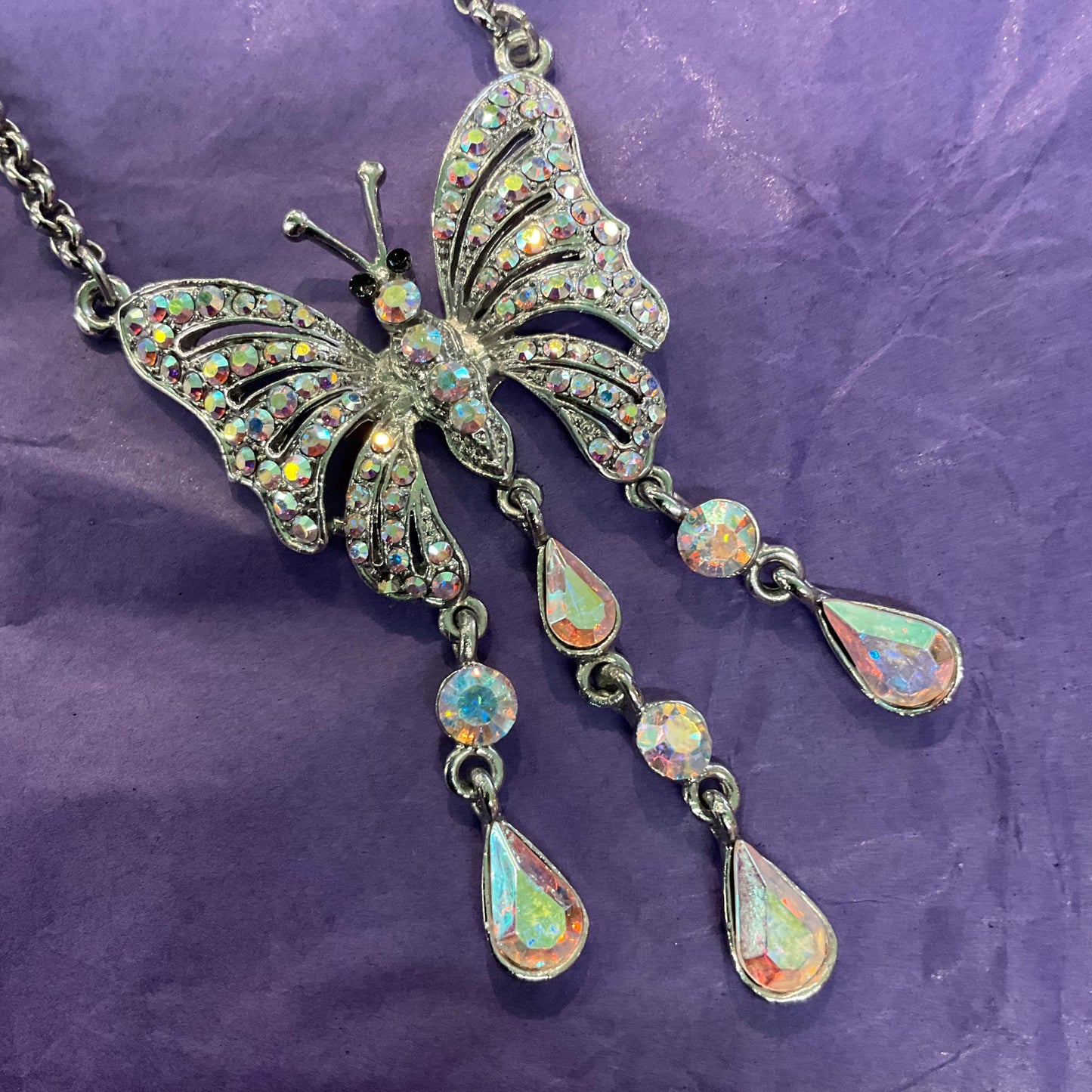 Vintage Butler and Wilson Rainbow Crystal Butterfly Drop Pendant,Silver tone with Aurora Borealis Crystals, Signed as new