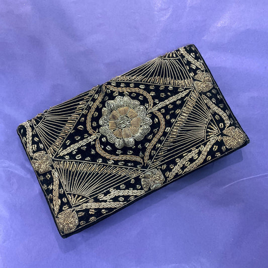 Vintage 1940s Hand Made Indian Zardosi Black Velvet Evening Bag with Gold Tradional Wirework Embroidery, Clutch Bag