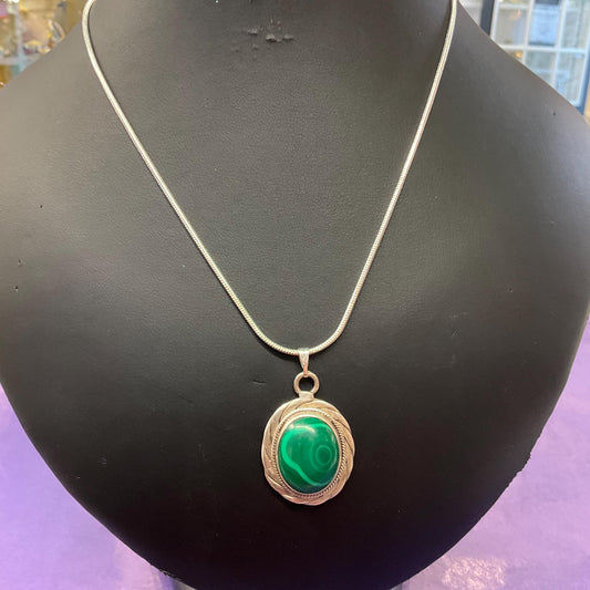 Vintage Silver and Malachite Gemstone Pendant, Artisan made with 925 Silver setting and new 925 chain,Sustainable gift